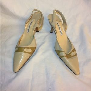 Manolo Blahnik cream and tan mule.
